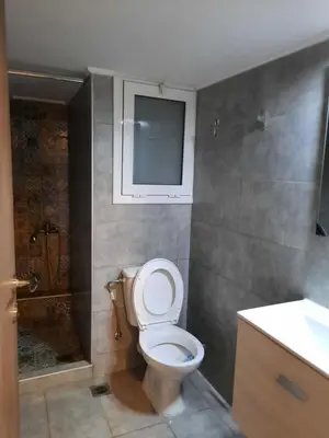 a bathroom with a toilet and a shower and a sink at Πάρκο Γουδή in Athens