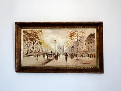 a painting of a street with people and a carriage at Apollonion Luxury Apartment near the metro station in Athens