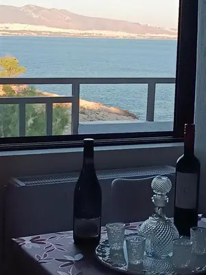 two bottles and glasses on a table in front of a window at Blue Seaview Suites in Piraeus
