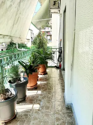 a patio with potted plants on the side of a building at Large terrace apartment near city centre in Athens