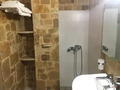 a bathroom with a shower with a toilet and a sink at Platanus Gardenhouse in Anavissos