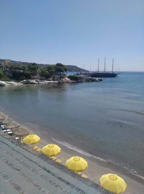 a group of yellow umbrellas on a beach at Ammoudia Rooms in Agia Marina Aegina
