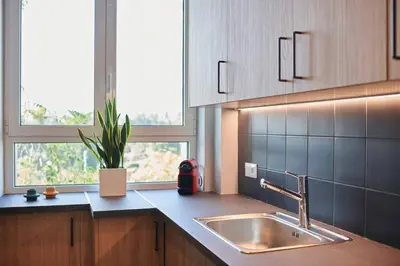 a kitchen with a sink and a potted plant at Ma Maison No6 Acropolis View Mansion,3bdrs,400Mbps in Athens