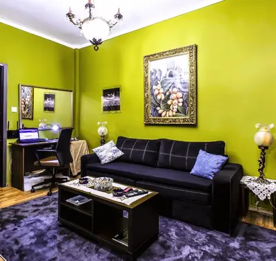 a living room with a black couch and a green wall at Premium GaLeRia 4A in Athens
