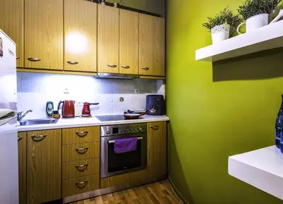 a small kitchen with green walls and wooden cabinets at Premium GaLeRia 4A in Athens