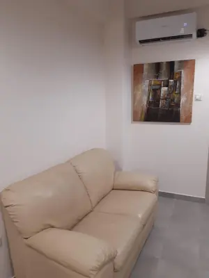 a white couch in a living room with a painting at Stylish apartment in Athens