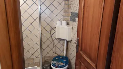 a bathroom with a toilet with a blue seat at SHLEY House 1 in Artemida