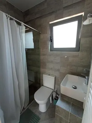 a bathroom with a toilet and a sink and a window at Andi's Studio Porto Rafti in Porto Rafti