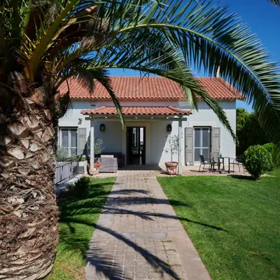 a palm tree in front of a house at Varaba Country House in Markopoulo