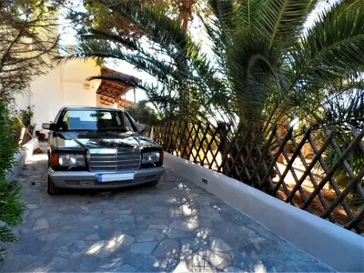 a car parked next to a fence next to a palm tree at Villa Hermes in Vouliagmeni