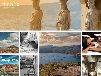 a collage of photos of a city and a woman at Muazzo Plaka Homes, Upper Home with Balcony & Ground Home No Balcony, by ThinkVilla in Athens