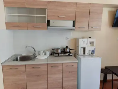 a small kitchen with a sink and a refrigerator at PURE URBAN PREMIUM METRO AGIOS NIKOLAOS in Athens