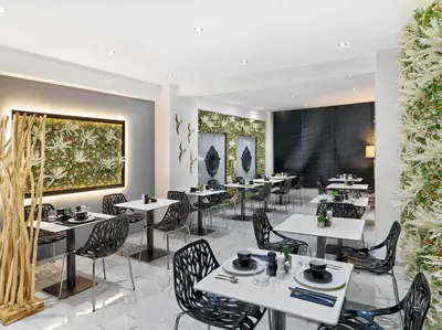 a restaurant with tables and chairs and a painting on the wall at Acropolis City Life BH in Athens
