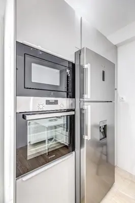 a kitchen with a stainless steel refrigerator with a microwave at EvZin Homes Athens NEa Smyrni in Athens