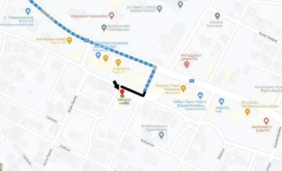 a map with a marker on it showing the route of a bus at Vasiliki's House in Porto Rafti