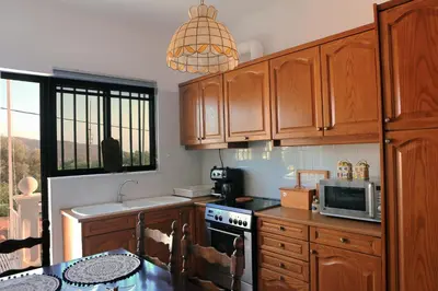 a kitchen with wooden cabinets and a microwave at Secret Garden Home Lagonissi Attiki in Foinikiá