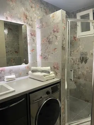 a bathroom with a shower and a washing machine at Apartment 55 in Athens