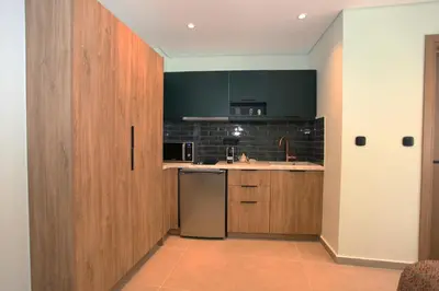 a kitchen with wooden cabinets and a stainless steel refrigerator at IPELHOME-Avissinias Boutique Apartments in Athens