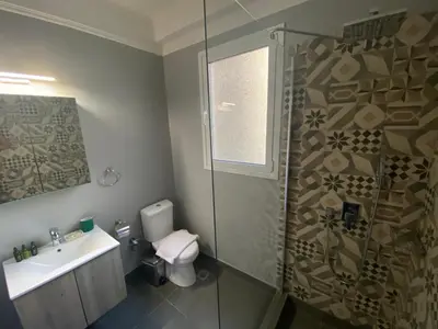 a bathroom with a shower and a toilet and a sink at Theo Appartement Athen in Athens
