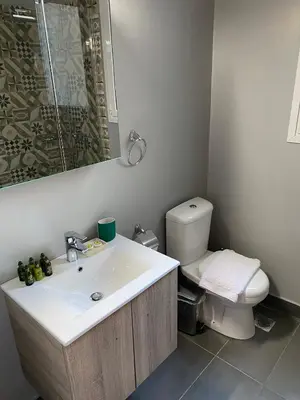 a bathroom with a sink and a toilet at Theo Appartement Athen in Athens