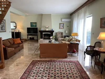 a living room with a couch and a fireplace at Athens Neos Kosmos penthouse, sea and city view in Athens
