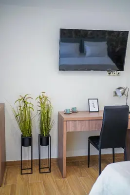 a bedroom with a desk with two potted plants at Athens City Living at Akadimias in Athens