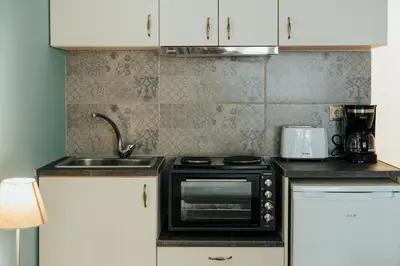 a kitchen with a sink and a microwave at Victoria Boutique Studios in Athens