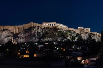 a view of the acropolis at night at Apollonos at Heart of Plaka in Athens