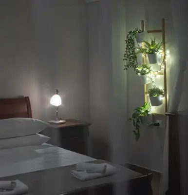 a bedroom with a bed and a mirror with potted plants at Central Calm Apartment in Athens