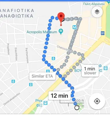 a map of a subway line with a red marker at kynosargous square's apartment in Athens
