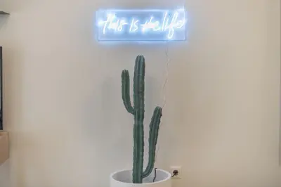 a neon sign that says this is life next to a cactus at Luxury Loft with a Balcony by CloudKeys in Athens