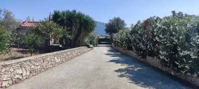 a stone wall next to a road with flowers at Ellie's StoneHouse Gianapa, Porto Rafti, Greece, 190 03, GR in Porto Rafti
