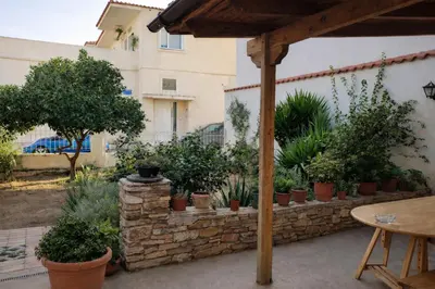 a patio with potted plants and a stone wall at Cozy apartment in Peania (near Airport) in Paianía