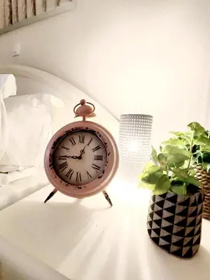 a clock sitting on a table next to a potted plant at Lovely equipped apartment in Kallithea Athens in Athens