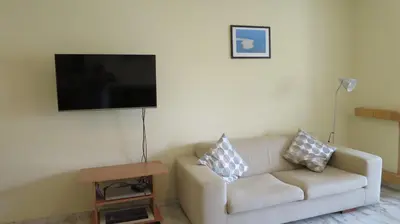 a living room with a couch and a flat screen tv at Modern apartment near Acropolis peaceful location. in Athens