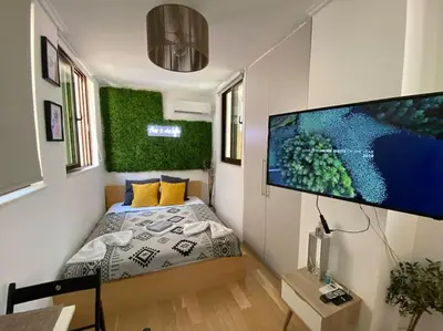 a bedroom with a bed and a flat screen tv at Downtown 22sqm Green Nest King-Size Bed in Athens