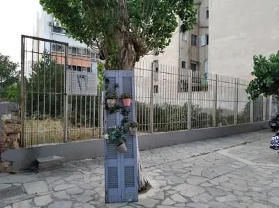 a tree in front of a fence with a door at Kerameikos residence in Athens