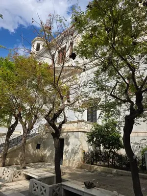 two trees in front of a white building at Comfy penthouse in the center of Athens in Athens