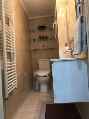 a small bathroom with a toilet and a sink at Finer Things Flisvos Beach Condo in Palaio Faliro in Athens
