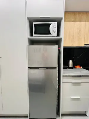 a refrigerator in a kitchen with a microwave at Cozy Corner Dialog Number 2 VIPGreece in Athens