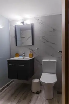 a bathroom with a toilet and a sink and a mirror at Adorable 2 bedroom apartment close to Ancient Athens city center in Athens