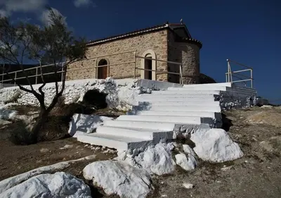 a group of stairs in front of a building at Katerina summerhouse in Dhaskalión