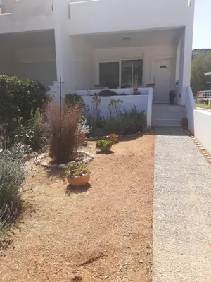 a white house with some plants in a yard at Katerina summerhouse in Dhaskalión