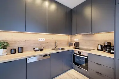 a kitchen with gray cabinets and stainless steel appliances at Eos Residence in Athens
