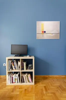 a book shelf with a tv on top of it at Colourful apartment under the Acropolis in Athens