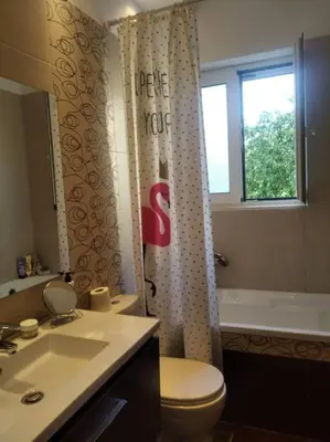 a bathroom with a toilet and a sink and a shower curtain at Cozy villa Vita Lagonisi in Kalívia Thorikoú