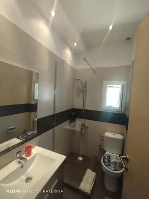 a bathroom with a shower and a sink and a toilet at Cozy villa Vita Lagonisi in Kalívia Thorikoú