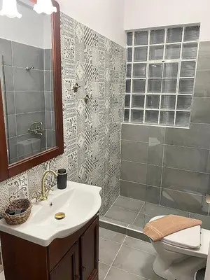 a bathroom with a shower and a sink and a toilet at Check Point - Acropolis View B in Athens
