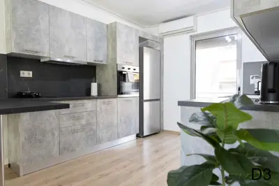a kitchen with stainless steel appliances and a plant at Sea view apartments in Alimos region in Athens