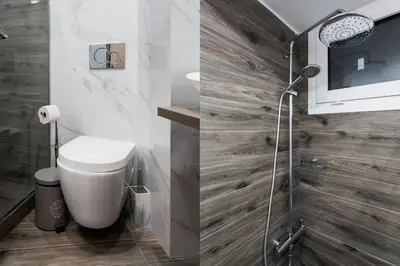 a bathroom with a toilet and a shower at Plaka's Arch Studio in Athens